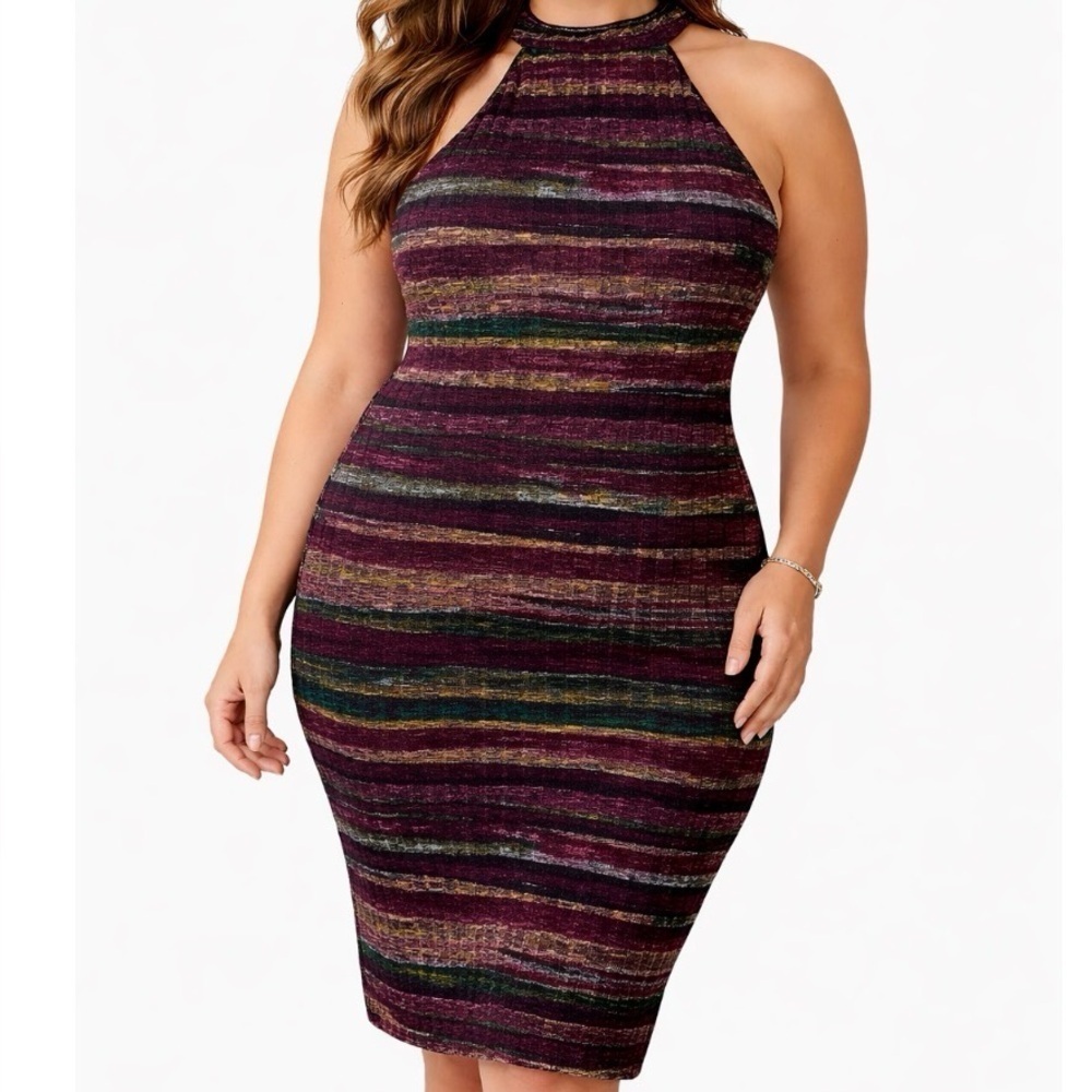 Sweater Dress Multicolor Stripe Halter SZ L by Honey & Rosie body con ribbed